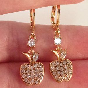 18K Yellow Gold Filled Apple Shape Leaf White Diamond Zircon Dangle Earrings